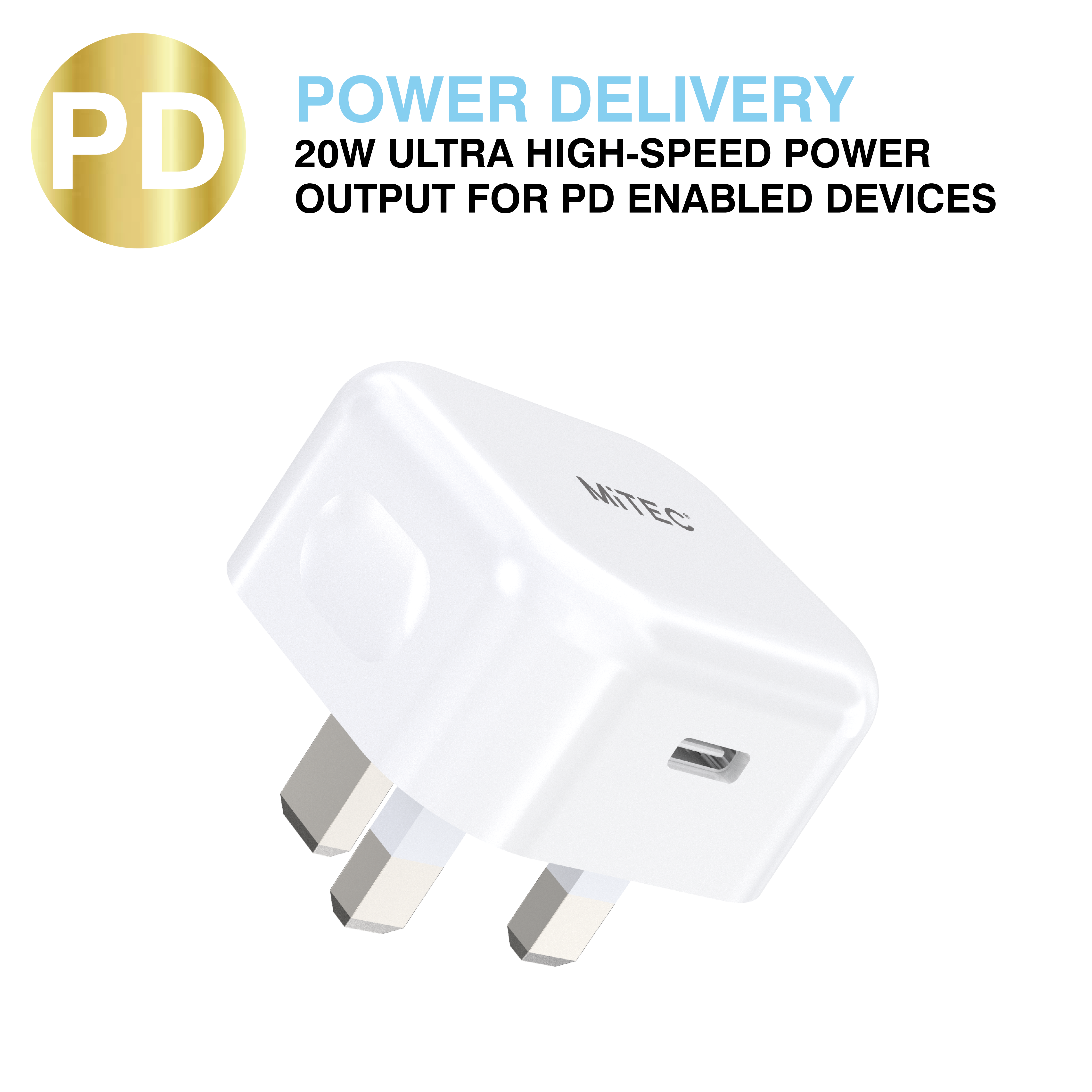 MiTEC MiPOWER PD 20W Fast USB Mains Charger White