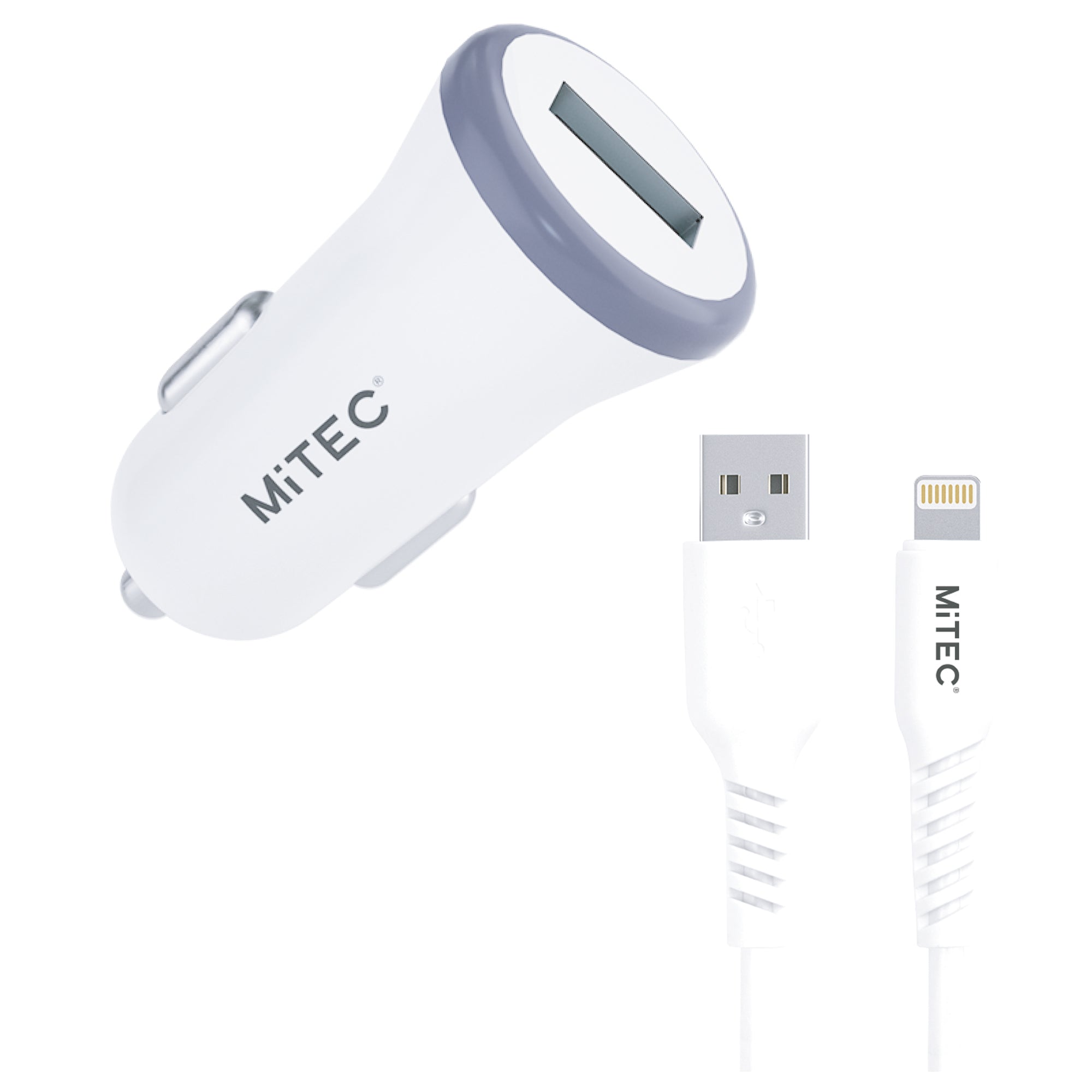 MiTEC MiPOWER In Car Charger MFI Lightning 1M Cable White