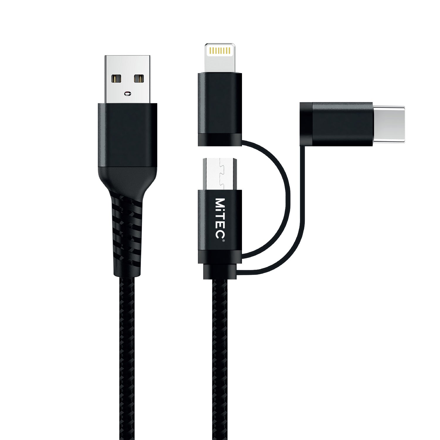 MiTEC MiPOWER Universal Lightning | USB-C | Micro USB to USB-A Braided Cable - 2m - Black